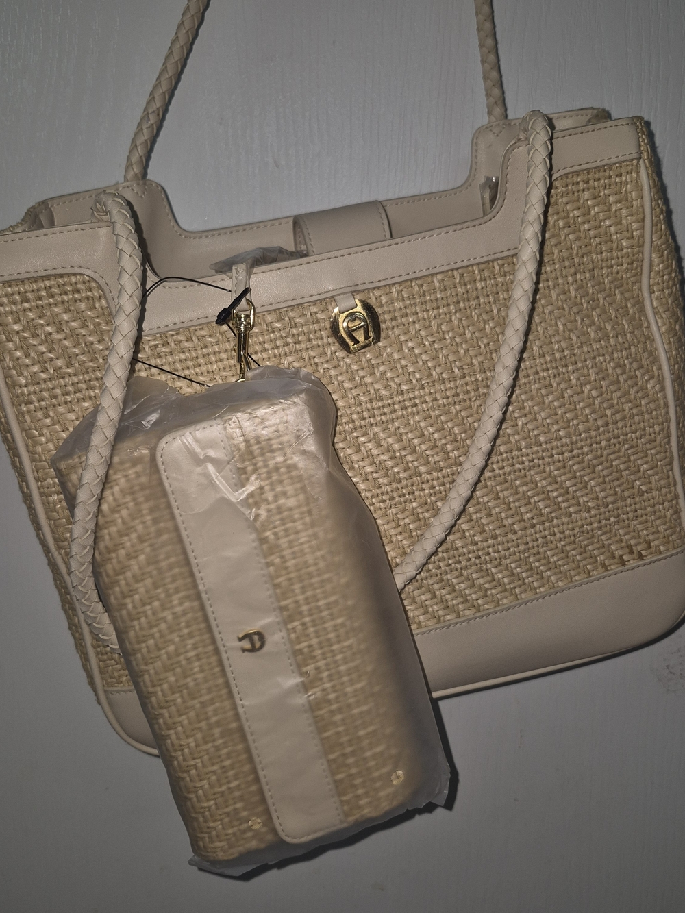 Beige Woven Tote Bag with Matching Pouch